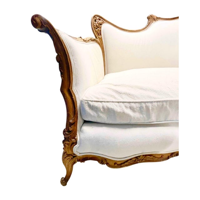 French Provincial 19th Century Louis XV-Style French Provincial Intricate Hand Carved Frame With Off White Upholstery For Sale - Image 3 of 12