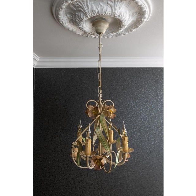 Hollywood Regency Style Floral Painted Metal Four-Light Chandelier, France For Sale - Image 6 of 18