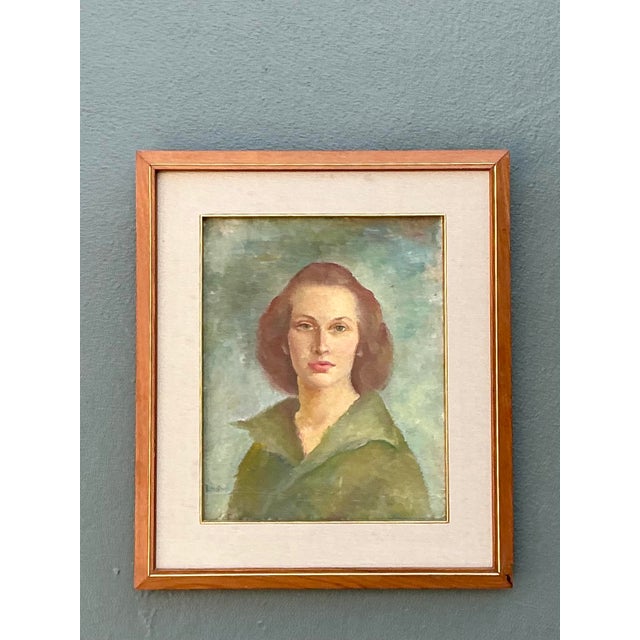 Wood Vintage 1952 Original Oil Portrait on Board For Sale - Image 7 of 12