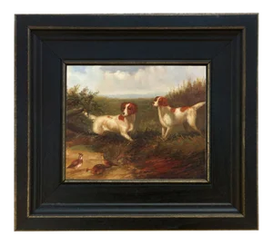 Setters on Quail Framed Oil Painting Print on Canvas in Distressed Black Wood Frame