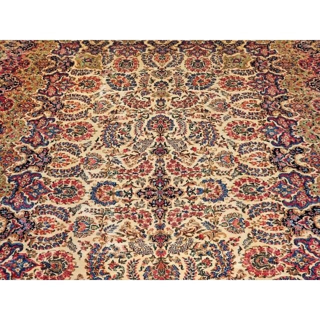 Ivory Vintage Oversized Persian Kerman Rug, Hand-Knotted Wool, Allover Floral Pattern, Ivory & Red, 11’ X 18’ For Sale - Image 8 of 14