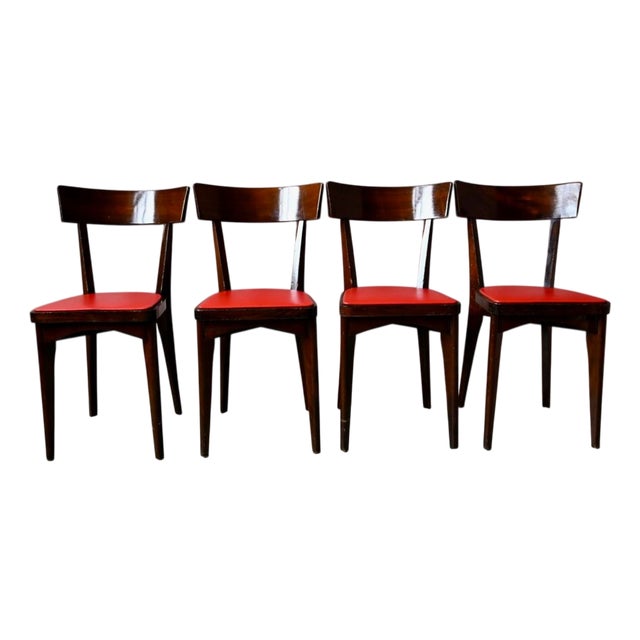 Vintage Parisian Bohemian Beech and Red Leatherette Bistro Chairs, Set of 4 For Sale
