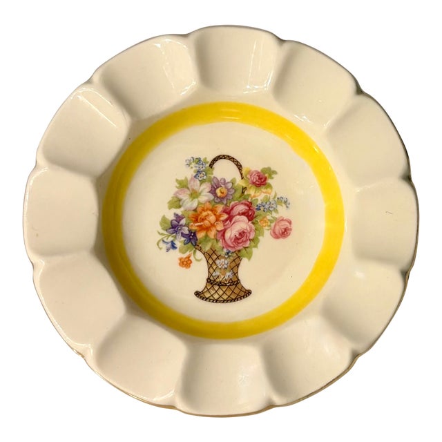 American Artware Yellow Flower Basket Porcelain Catchall For Sale