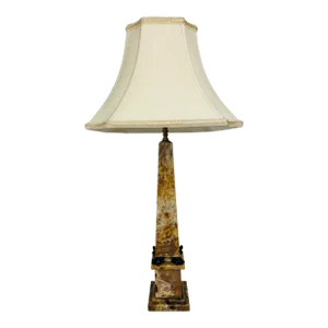 Handsome Mid Century Vintage Hand Carved Alabaster Obelisk Table Lamp.