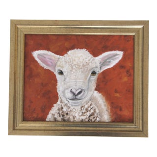 Lamb Sheep Portrait English Traditional Impressionism Anique White Burnt Orange Original Oil Painting by Cleo Plowden For Sale