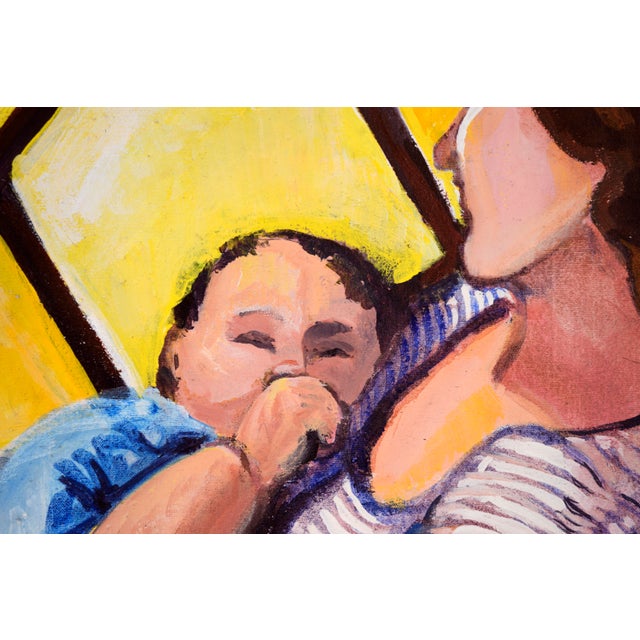 "Madam Suburbia" (Woman and Baby by the Yellow Window) in Oil on Canvas An auburn-haired woman sits in a chair with her...