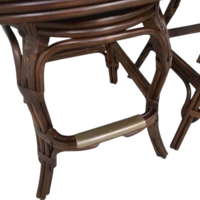 Boho Chic 1970s Elevate Your Home Bar With This Set of 3 Premium Hooker Furniture Leather & Rattan Swivel Barstools! For Sale - Image 3 of 10