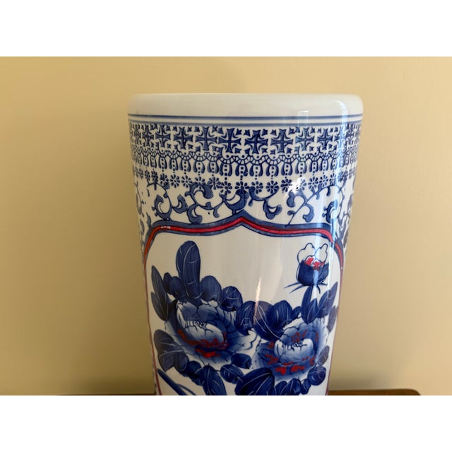 Ceramic Vintage Chinoiserie Blue and White Porcelain Umbrella Stand For Sale - Image 7 of 13