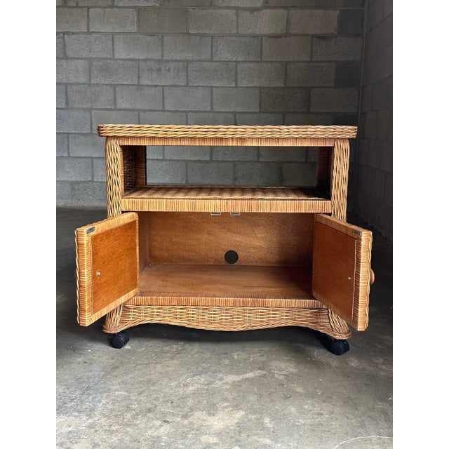 Brown 1980s Coastal Style Wicker Cabinet on Casters For Sale - Image 8 of 9