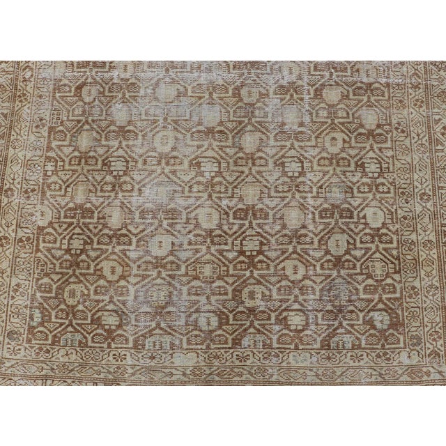 Tan Persian Antique Malayer Rug With Layered Geometric Motifs in Tan, Taupe, Cream 4'5 X 5'1 For Sale - Image 8 of 10