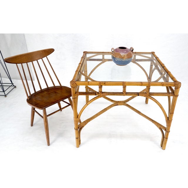 Glass Top 34" Square Mid Century Modern Burnt Bamboo Game Dinette Table MINT For Sale - Image 11 of 17