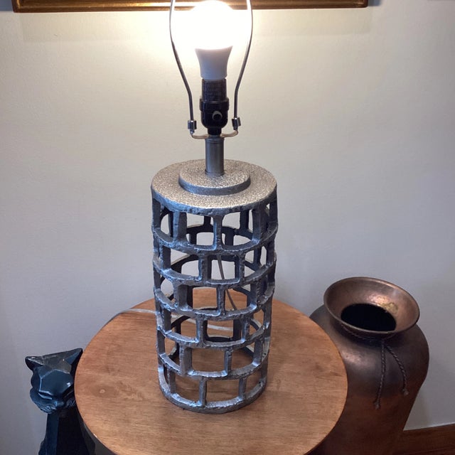 20th Century Modern Brutalist Style Cylinder Shape Iron Lamp Geometric Pattern For Sale - Image 12 of 12