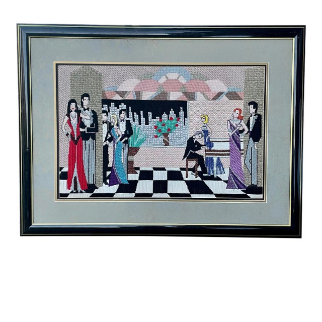 1980s Vintage Framed Embroidered Party People Portraiture For Sale