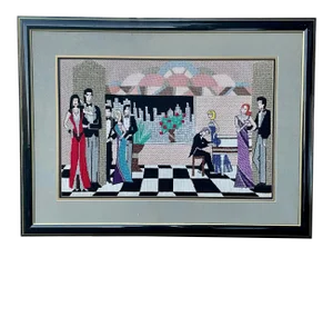 1980s Vintage Framed Embroidered Party People Portraiture