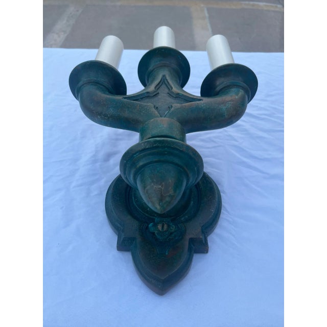 Verdigris Pair of American Empire Trident Castle Sconces in Patinated Bronze For Sale - Image 8 of 13