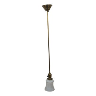 Antique Victorian Brass Milk Glass Stick Pendant Ceiling Light 35" For Sale