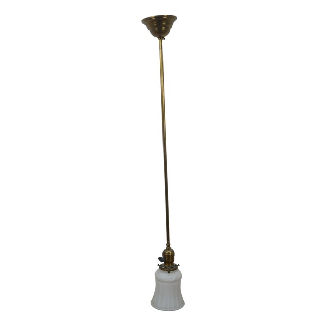 Antique Victorian Brass Milk Glass Stick Pendant Ceiling Light 35" For Sale