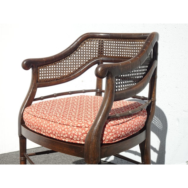 Vintage Polynesian Bamboo Cane Back Barrel Accent Chair W Cane Seat & Cushion For Sale - Image 11 of 17