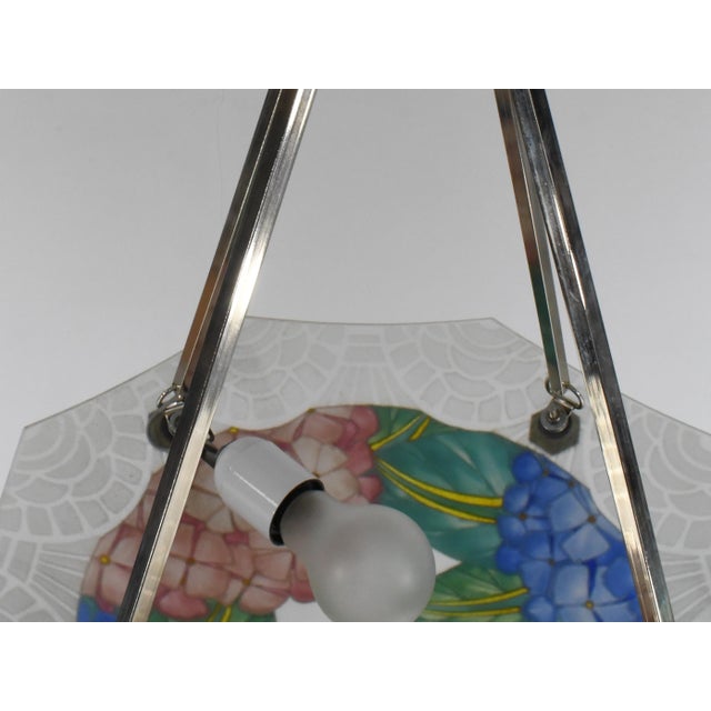 Loys Lucha French Art Deco Pendant Light 1930s - Octagonal Pink Blue Hydrangea Shade For Sale - Image 10 of 12