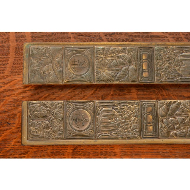 Bronze Tiffany Studios New York Bookmark Pattern Bronze Blotter Ends With Leather Desk Pad For Sale - Image 8 of 12