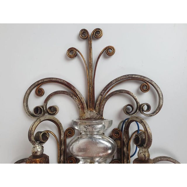 Metal Silvered Wrought Iron and Glass Wall Lights attributed to Banci, Italy, 1940s, Set of 2 For Sale - Image 7 of 8
