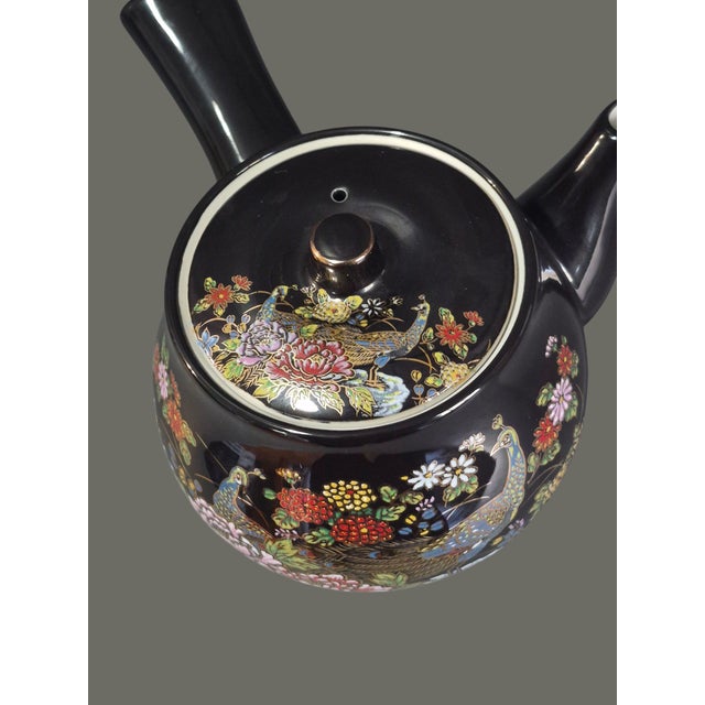Japanese Vintage Asian Japanese Sake Pot Decorated Garden Floral Peacock Tea Pot For Sale - Image 3 of 6