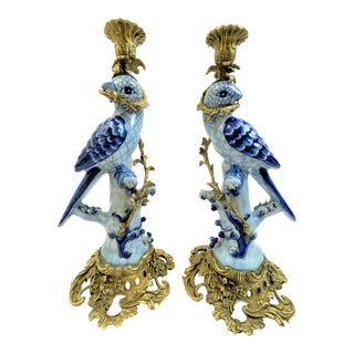 Vintage 1980s Blue and White Porcelain Parrot Candlesticks - a Pair For Sale