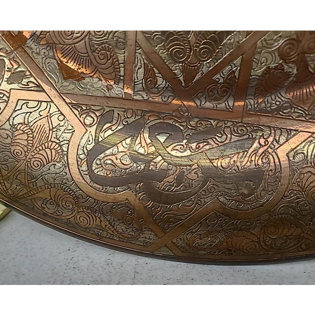 Copper Antique Syrian Damascus Ware Brass Copper Inlaid Mamluk Revival Tray For Sale - Image 8 of 14