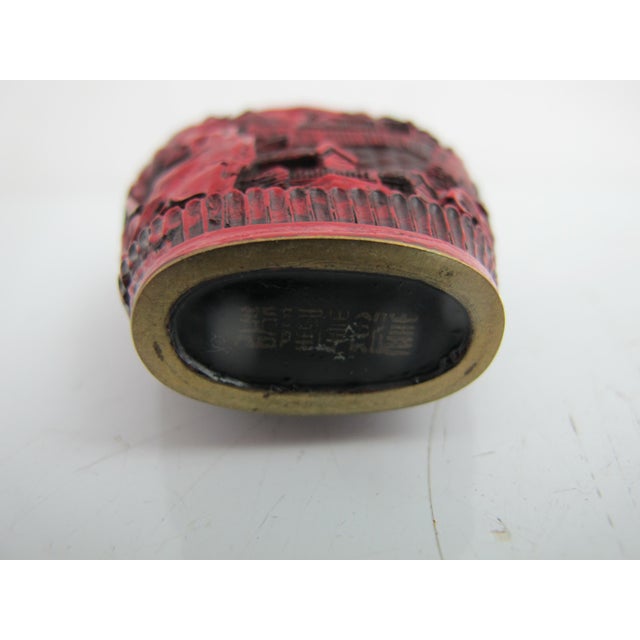 Paint Vintage Chinese Red Cinnabar Lacquerware Village Scene Snuff Bottle For Sale - Image 7 of 10