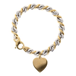 Late 20th Century Vintage 18k Gold Heart Tag Chain Link Bracelet Two Tone For Sale
