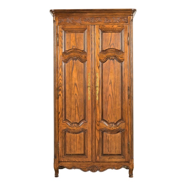 Baker Furniture French Provincial Louis XV Carved Oak Armoire Dresser or Linen Press, Circa 1960s For Sale