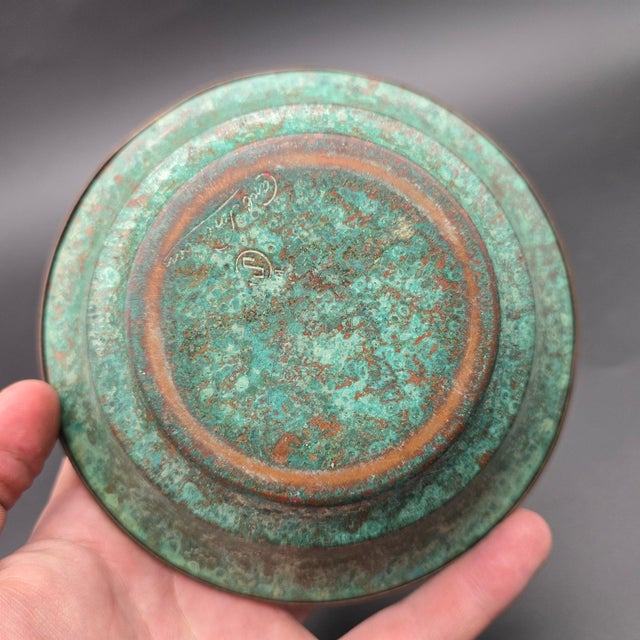 Metal Art Deco Signed Carl Sorensen Verdigris Bronze Lidded Bowl With Leaf Finial For Sale - Image 7 of 10