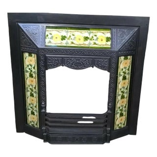 Antique Cast Iron Fireplace Insert with Original Decorative Tiles For Sale