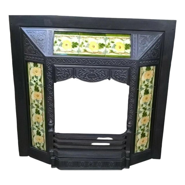 Antique Cast Iron Fireplace Insert with Original Decorative Tiles For Sale