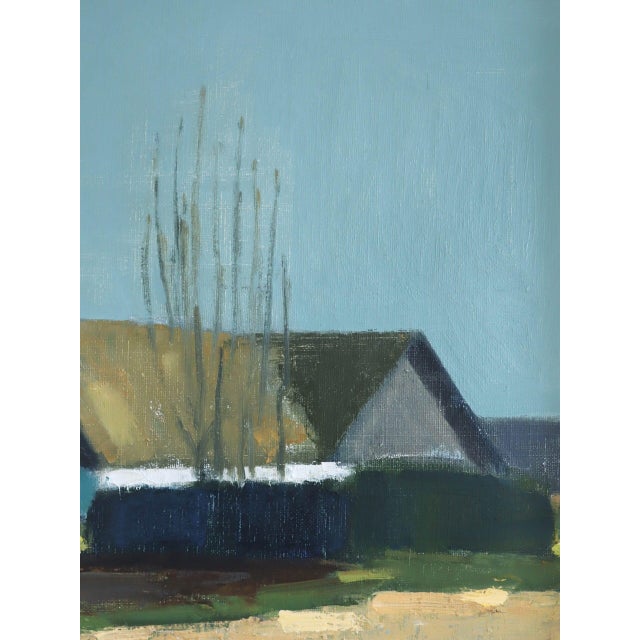 Sky Blue Mid-Century Modern 'Quiet Farmstead' Vintage Original Landscape Oil Painting, Framed For Sale - Image 8 of 10