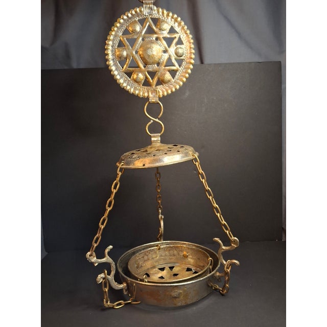 Late 19th Century Judaica Silver Plated Bronze Ner Tamid Synagogue Memorial Hanging Lamp Frame Eternal Light For Sale - Image 4 of 18