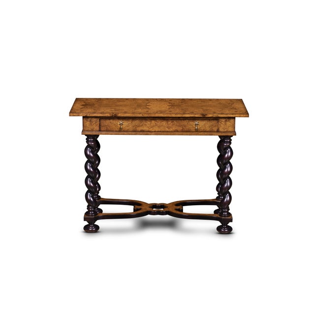 A masterful study in contrast and craftsmanship, this barley twist console table pairs the warmth of hand-matched burl...