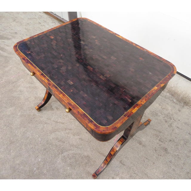 Hollywood Regency Maitland Smith Tessellated Faux Tortoise Shell / Penshell Writing Desk ~ Traditional Regency Style For Sale - Image 3 of 18