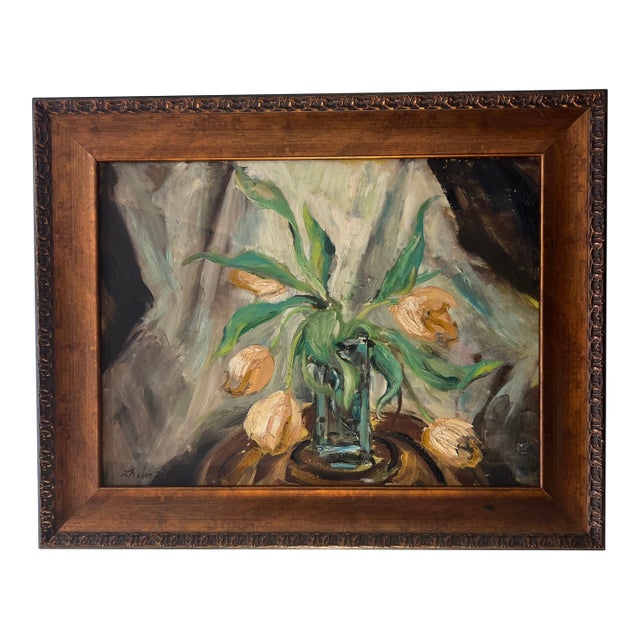 20th Century European School Still Life Tulips Framed Signed For Sale