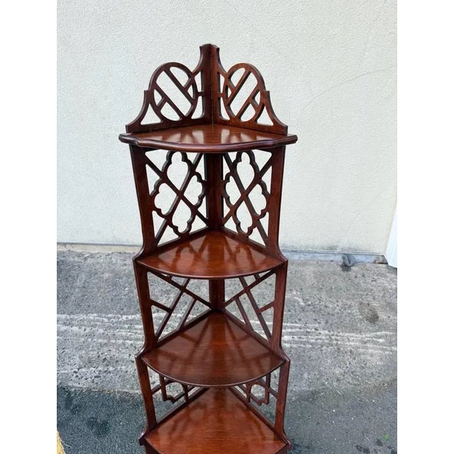 Mid 20th Century Pair of Hand Carved Fretwork Mahogany Corner Shelfs Bookcases Etageres For Sale - Image 5 of 11