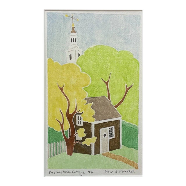 Original Peter S Marshall 'provincetown Cottage' White Line Woodcut - Cape Cod For Sale