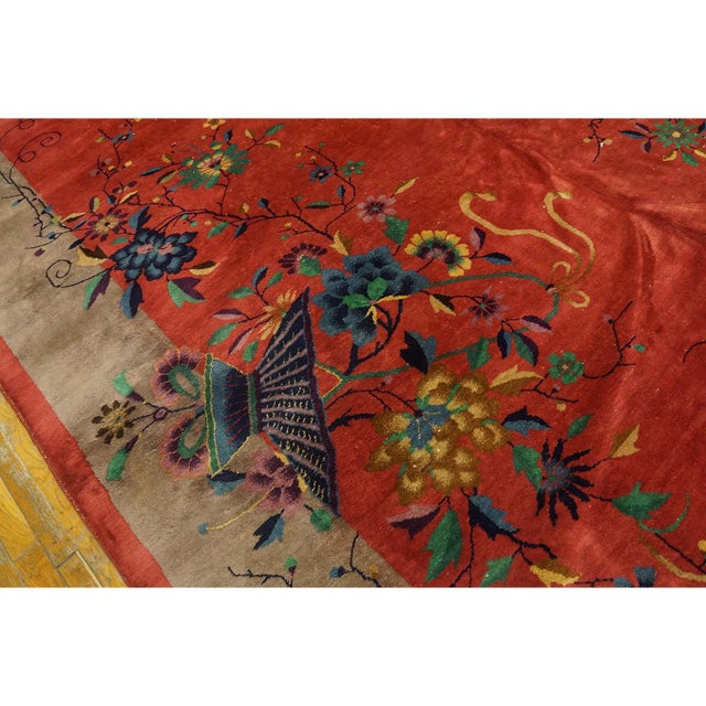 Raspberry Red 1920s Red Floral Antique Chinese Art Deco Carpet 9' X 13'9" Knotted Wool Rug For Sale - Image 8 of 8