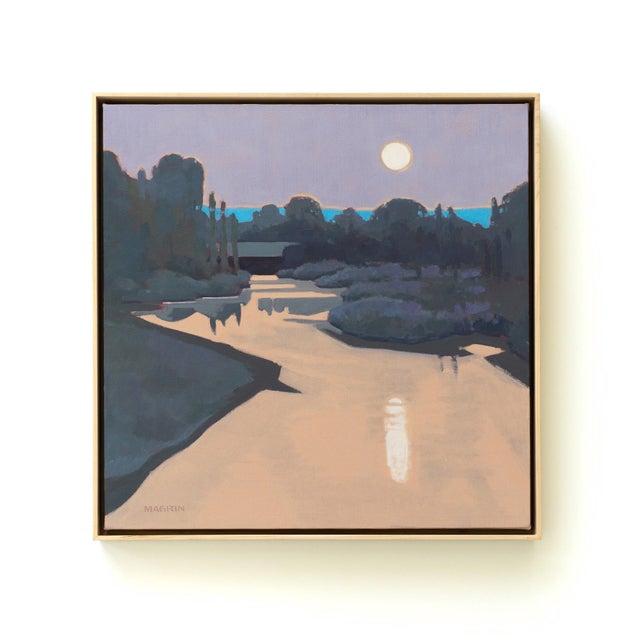 This oil painting captures a serene moment along the South Platte River as the moon rises, casting a gentle glow over the...