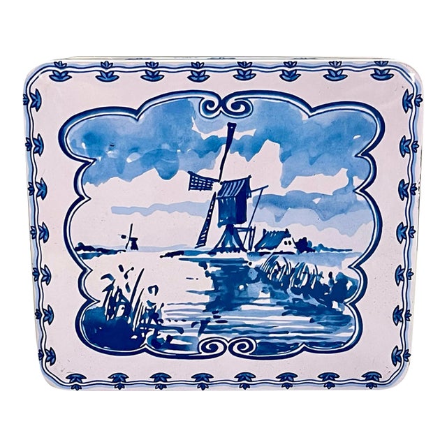 Late 20th Century Blue & White Windmill Tin Box For Sale
