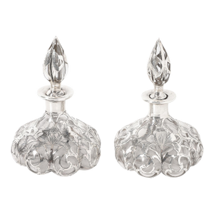 Pair of Art Nouveau Fine Sterling Overlay Perfume Bottles Signed Steuben