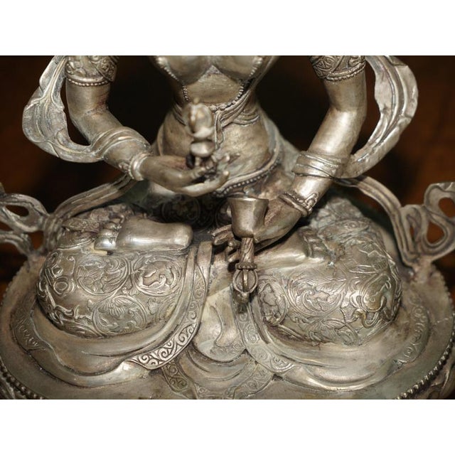 Silver Tibetan Silvered Metal Buddhist Deity Figure Statue on Lotus Base For Sale - Image 8 of 18