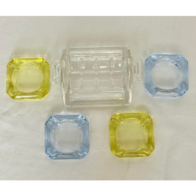 Vintage Art Deco "Bridge Party" Nesting Glass Ashtray Set in Topaz & Sapphire – 5-Piece Caddy | Palm Beach Regency Table Jewelry For Sale In Mobile - Image 6 of 7