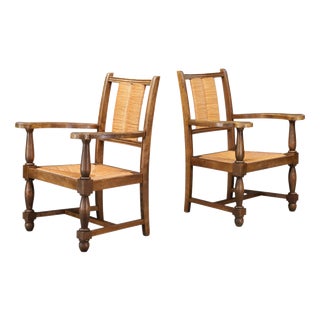 French Oak and Rush Armchairs in the style of Charles Dudouyt, France, 1940, Set of 2 For Sale