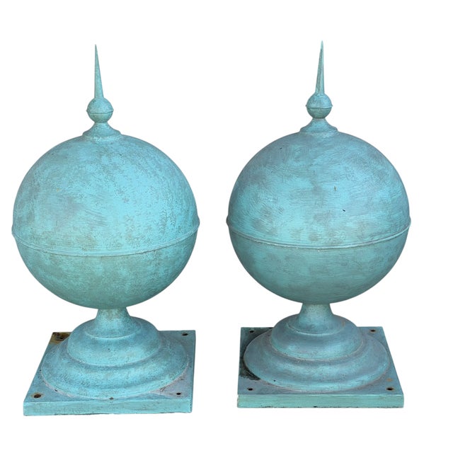 Pair of Antique Painted Copper Architectural Sphere Post Finials.