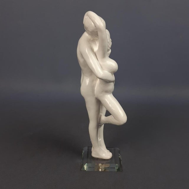 Vintage Ceramic Sculpture of Couple in Love with Glass Base, 1970s For Sale - Image 3 of 16